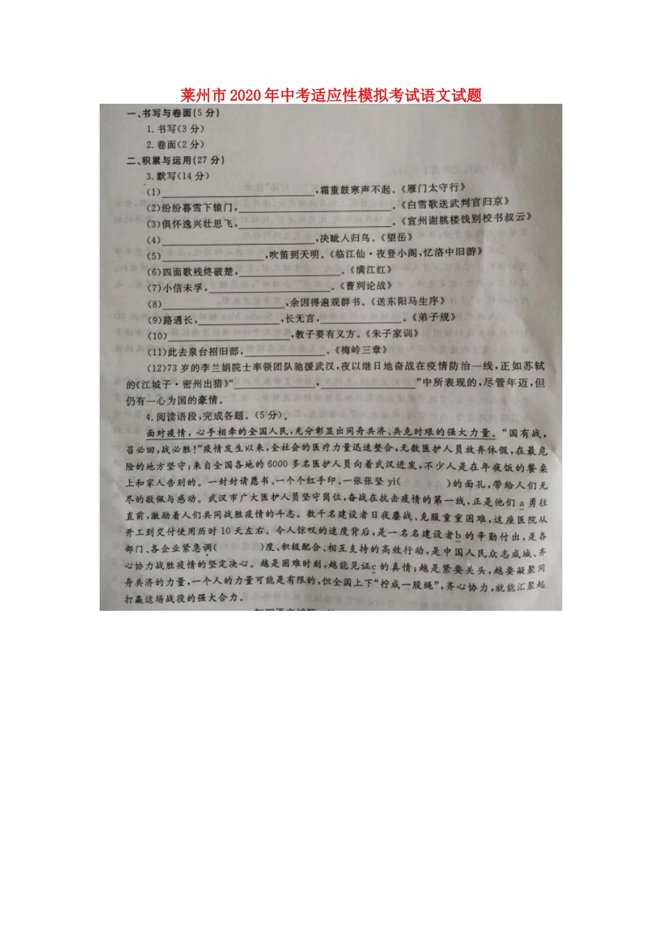 中考语文适应性模拟考试试卷试卷_第1页