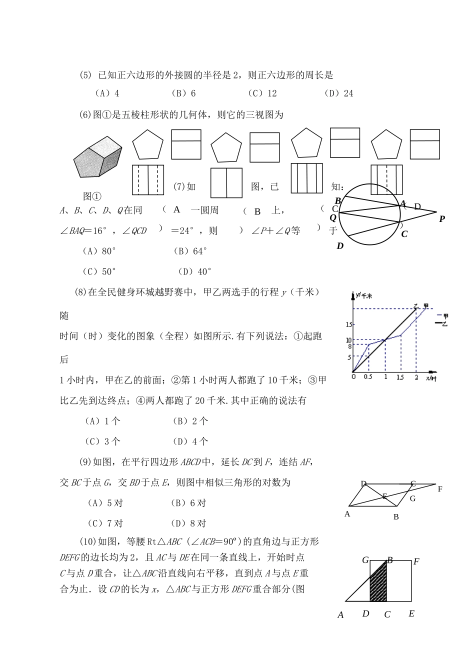 初中数学毕业生学业模拟试题(一)(无答案) 试题_第2页