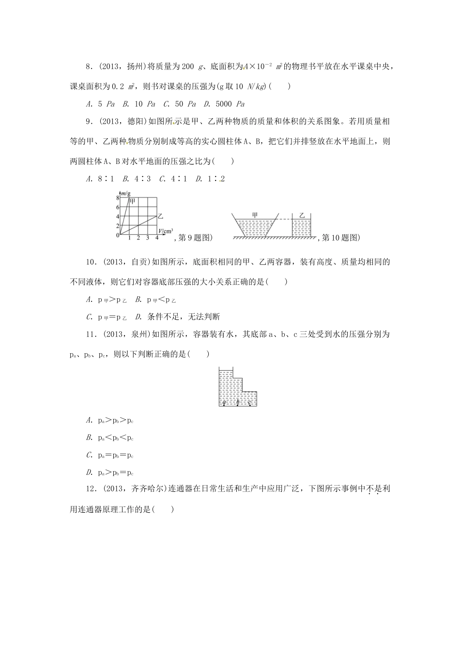 中考物理总复习 压强专题考点训练(真题集锦) 新人教版试卷_第2页