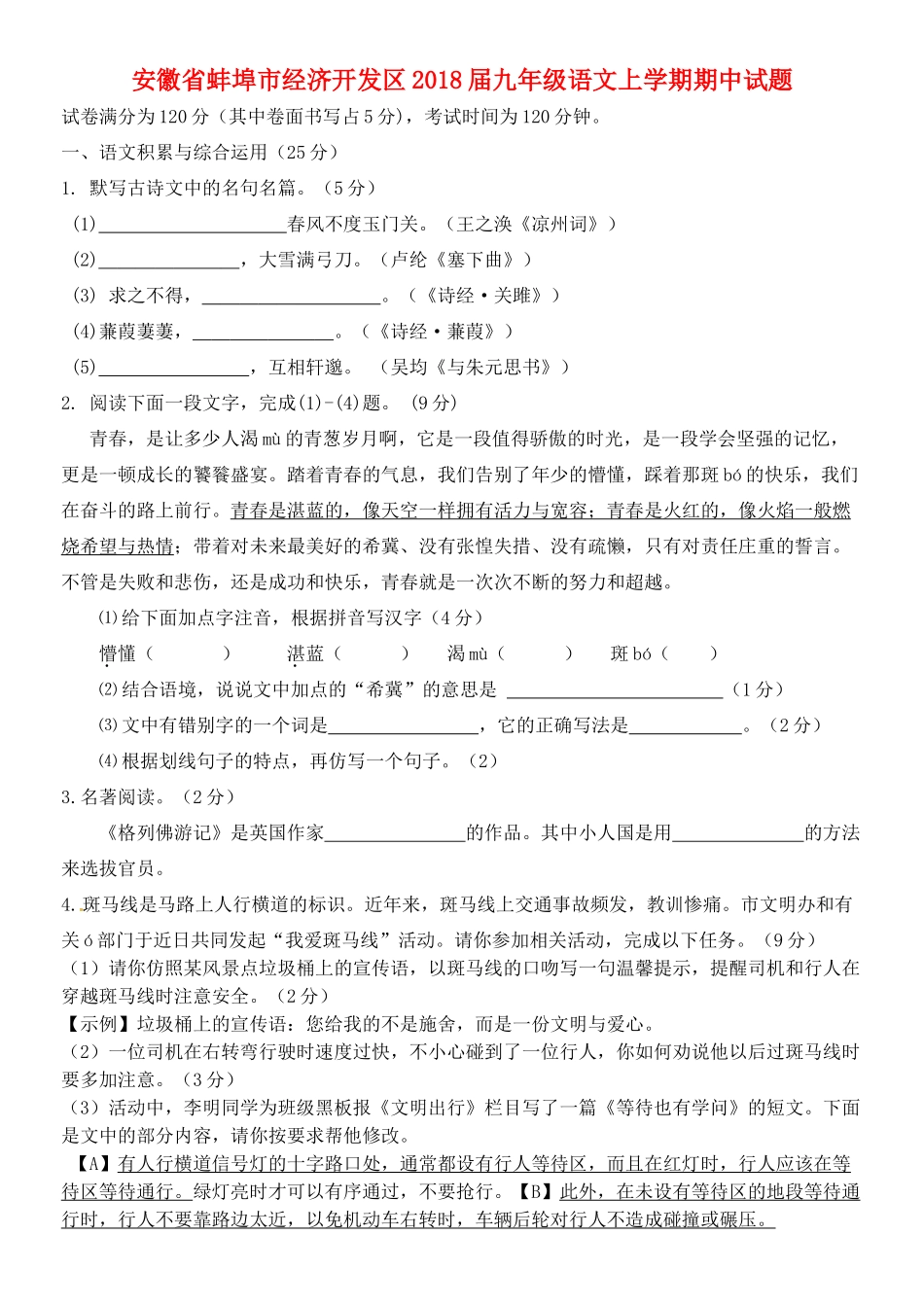 安徽省蚌埠市经济开发区九年级语文上学期期中试卷 新人教版试卷_第1页
