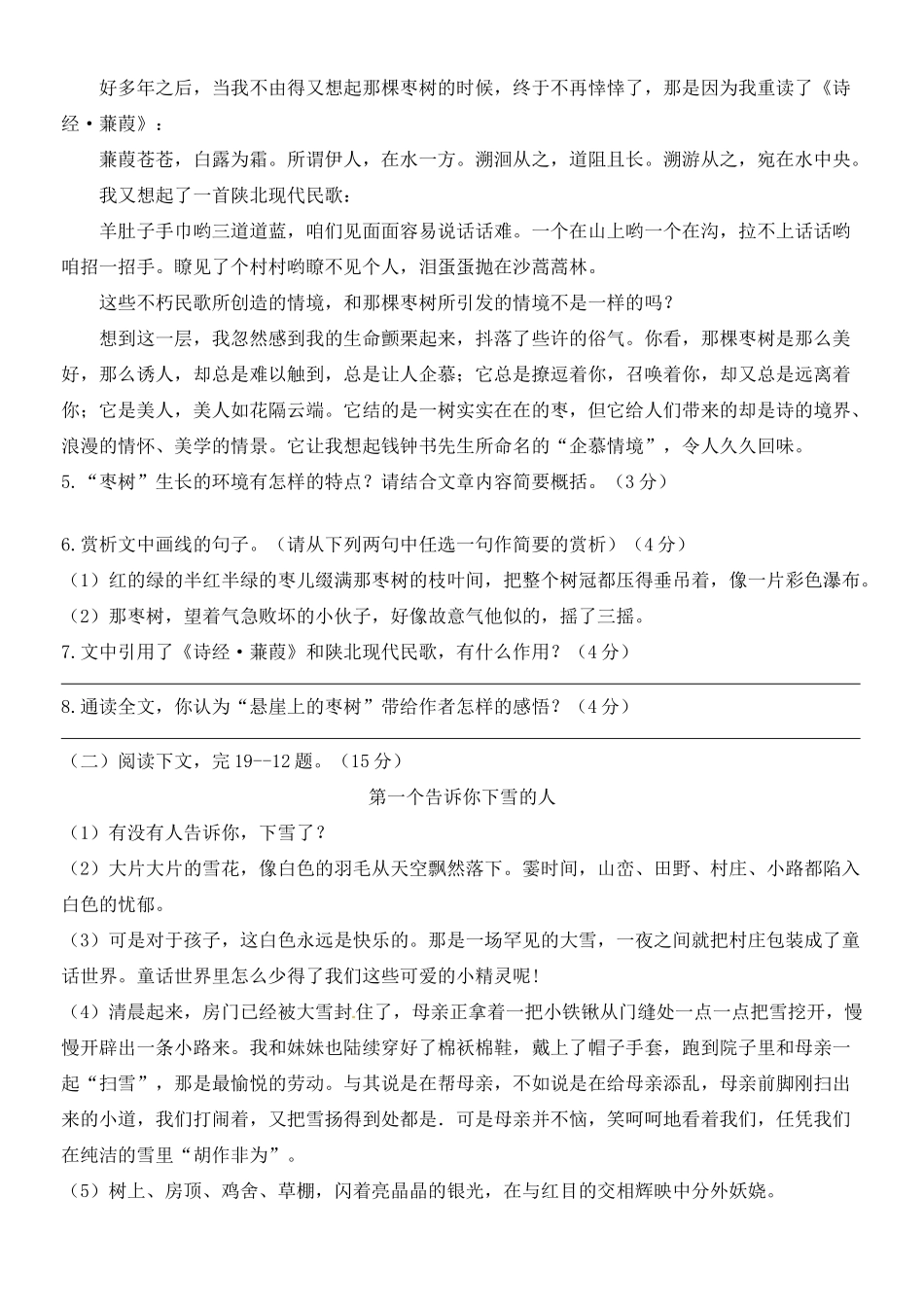 安徽省蚌埠市经济开发区九年级语文上学期期中试卷 新人教版试卷_第3页