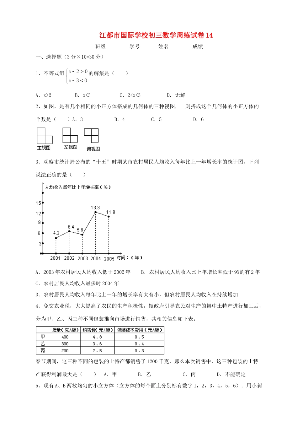 九年级数学下学期周练试卷14 苏科版试卷_第1页