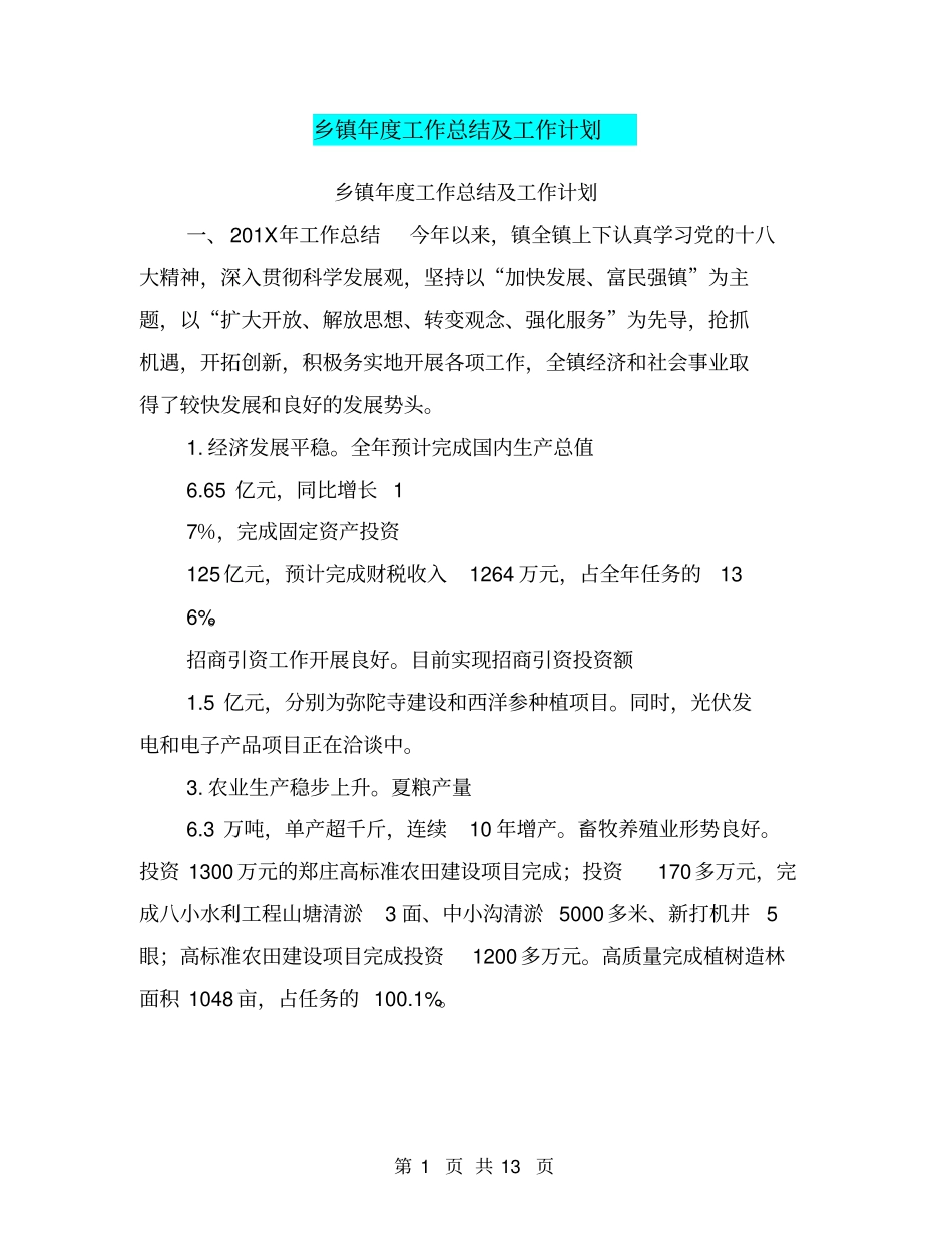 乡镇年工作总结及工作计划【可编辑版】_第1页