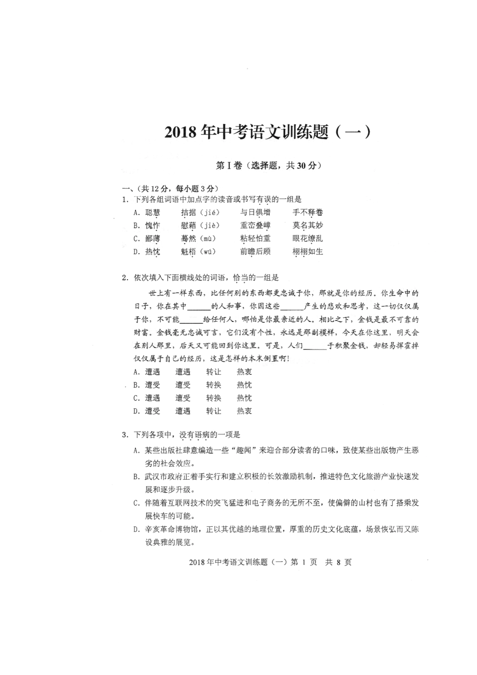中考语文训练题(一)(pdf)试卷_第1页