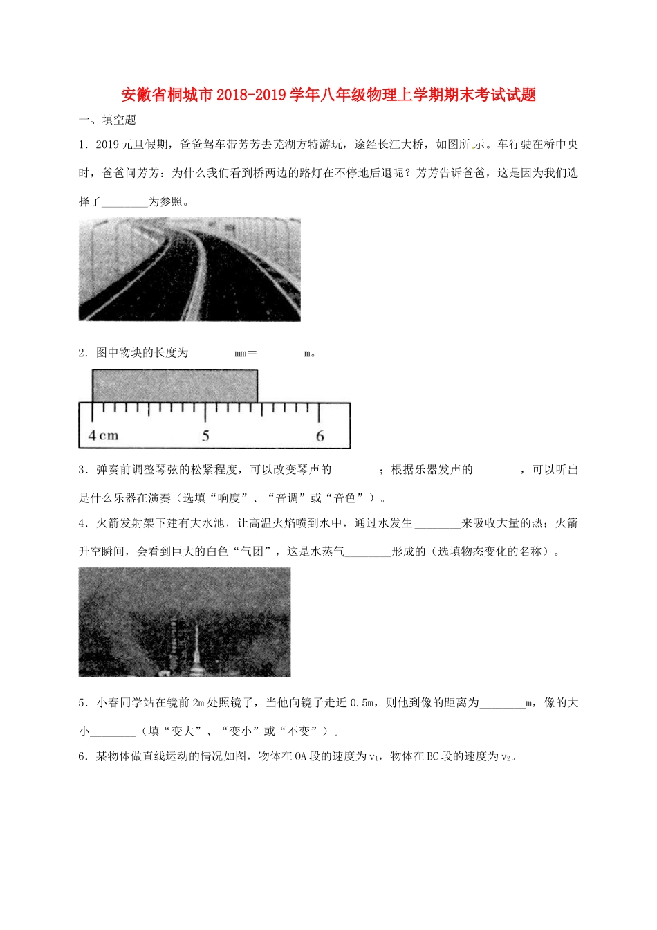 安徽省桐城市 八年级物理上学期期末考试试卷_第1页