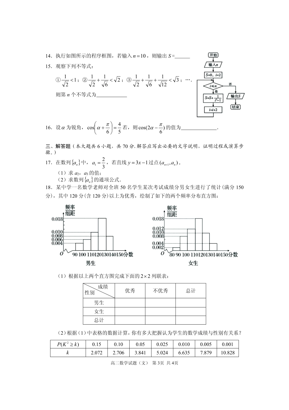 高二数学下学期期末试卷 文(PDF，无答案)试卷_第3页
