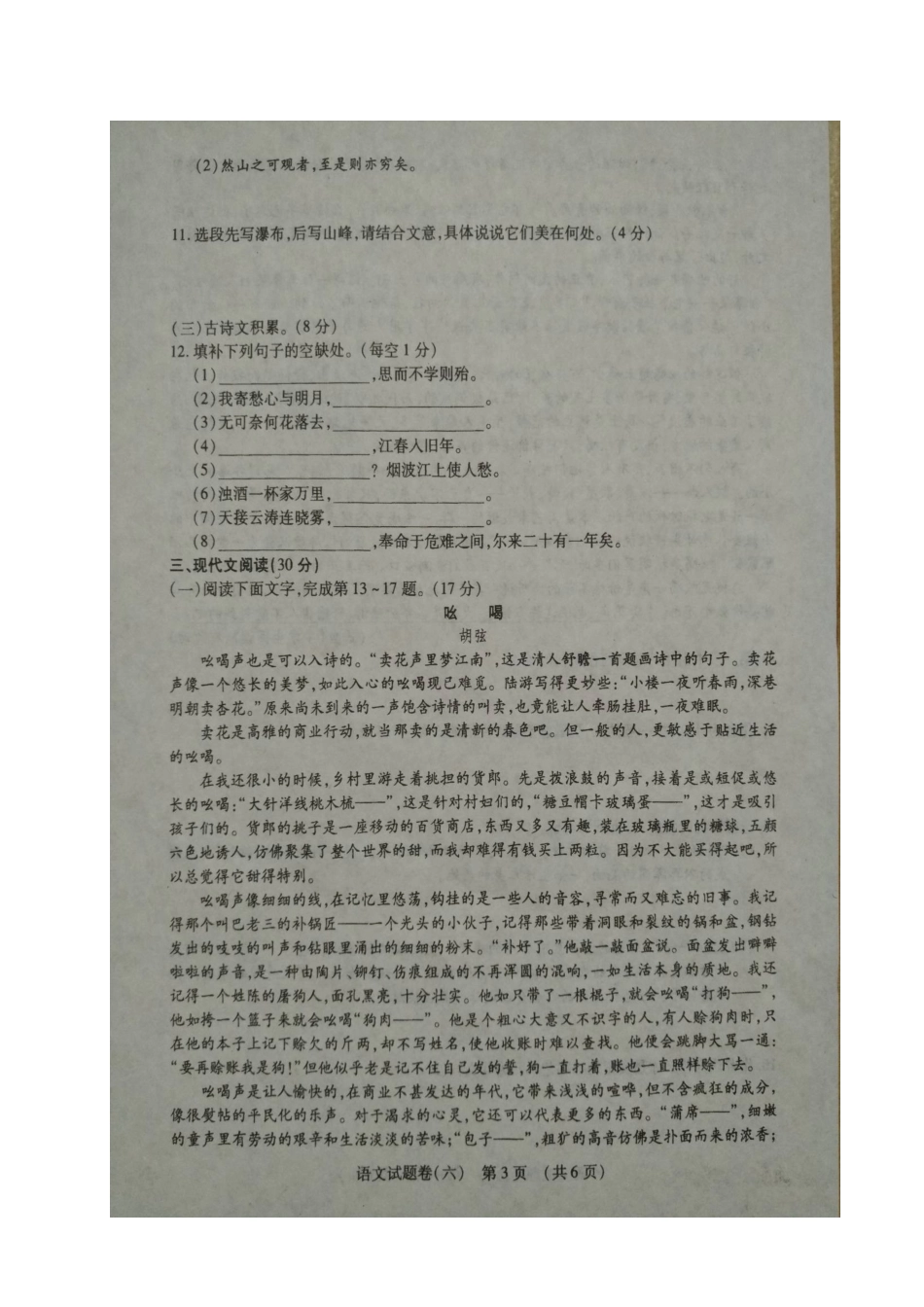 中考语文模拟试卷(六)试卷_第3页