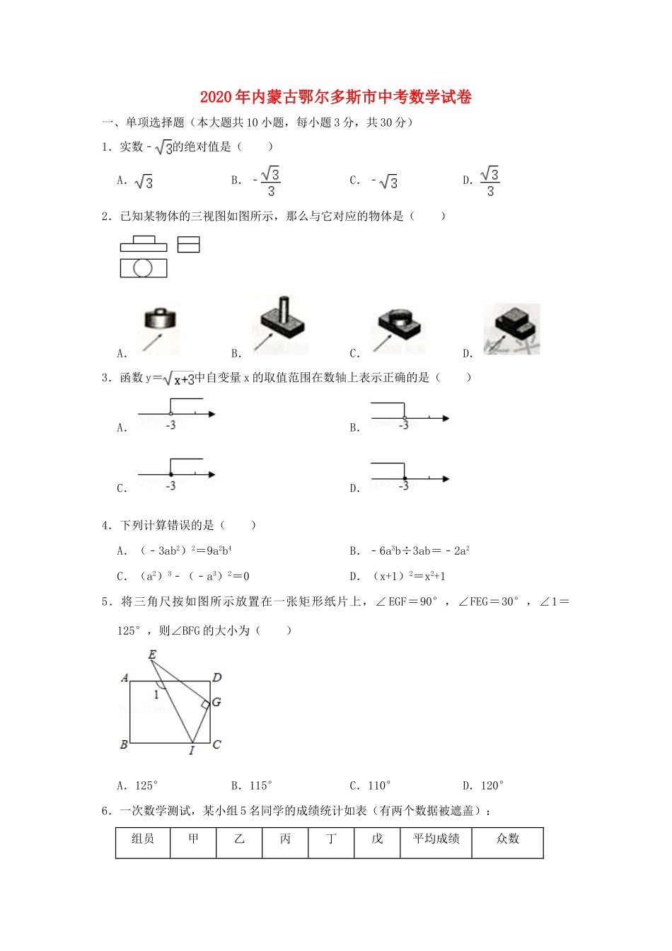 内蒙古鄂尔多斯市中考数学真题试题(无答案) 试题_第1页