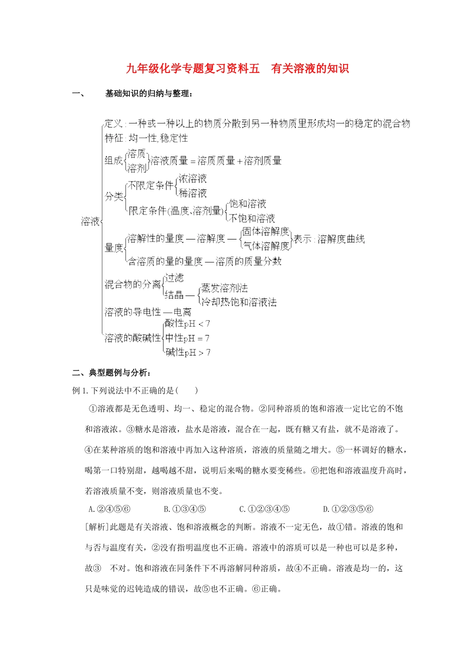 九年级化学专题复习资料五  有关溶液的知识试卷_第1页