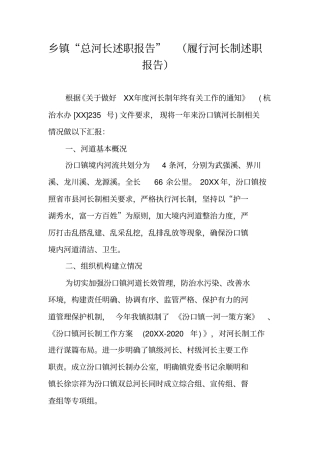 乡镇总河长述职报告履行河长制述职报告