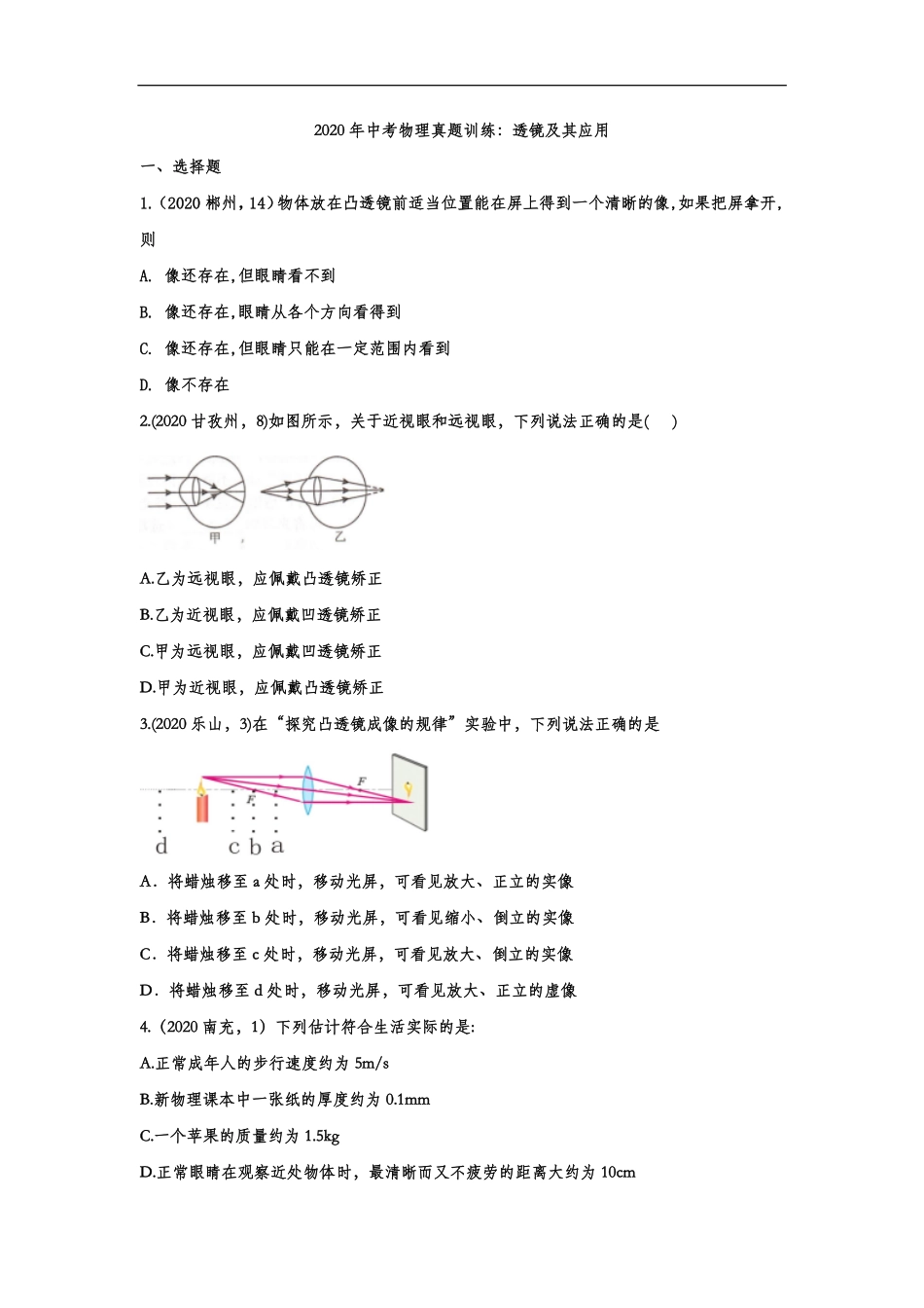中考物理真题训练 透镜及其应用(pdf，含解析)试卷_第1页
