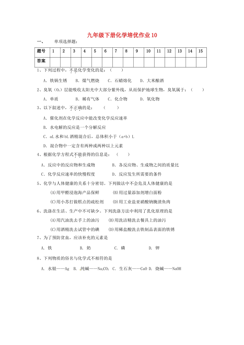 九年级化学下学期培优作业10 新人教版试卷_第1页