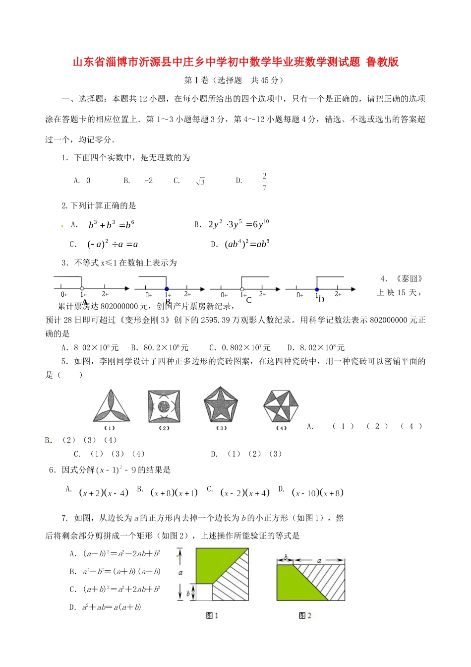 初中数学毕业班测试题(无答案) 鲁教版 试题_第1页
