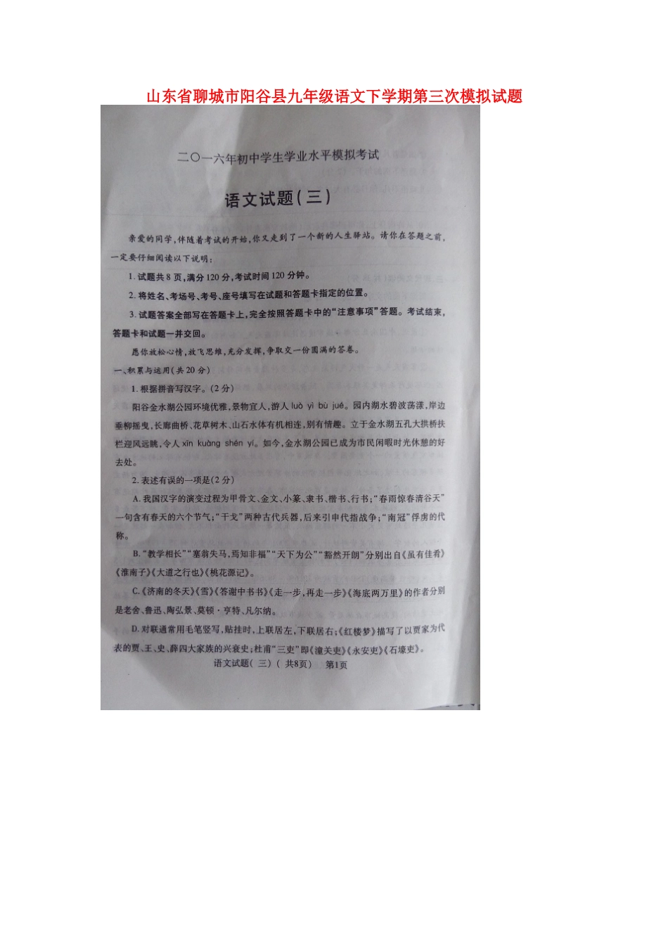 山东省聊城市阳谷县九年级语文下学期第三次模拟试卷试卷_第1页