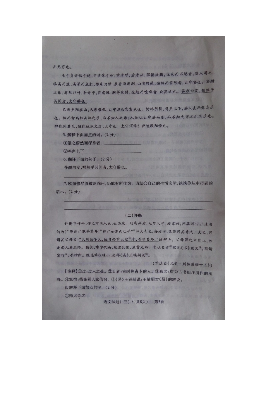 山东省聊城市阳谷县九年级语文下学期第三次模拟试卷试卷_第3页