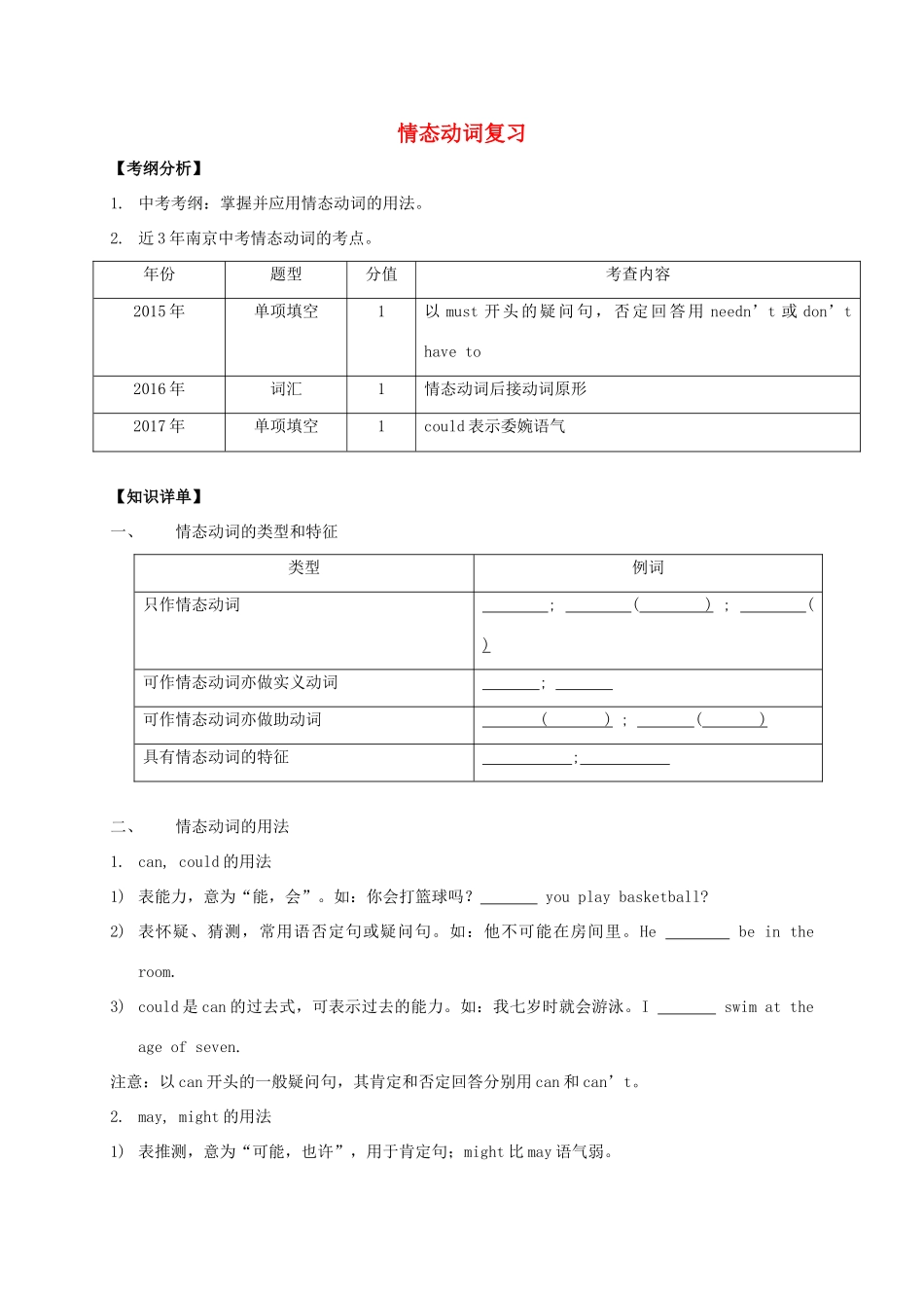中考英语复习 情态动词题型集训试卷_第1页