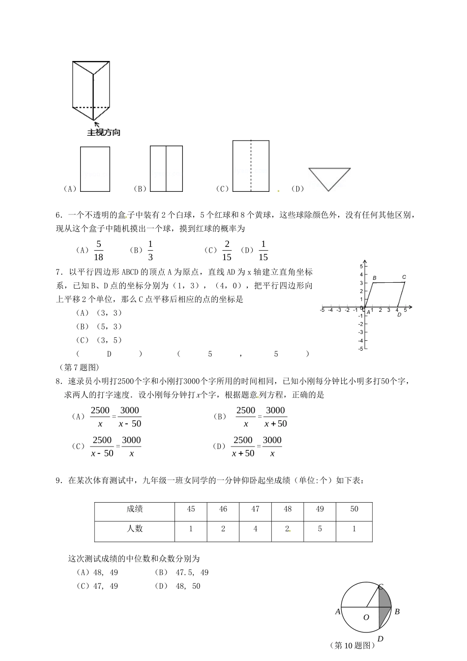初中数学学业水平模拟测试题2(无答案) 试题_第2页
