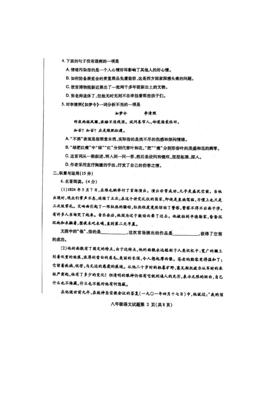 山东省莱芜市 八年级语文下学期期末考试试卷鲁教版五四制试卷_第2页