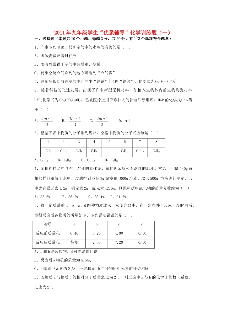 九年级化学学生优录辅导训练题(一)试卷_第1页