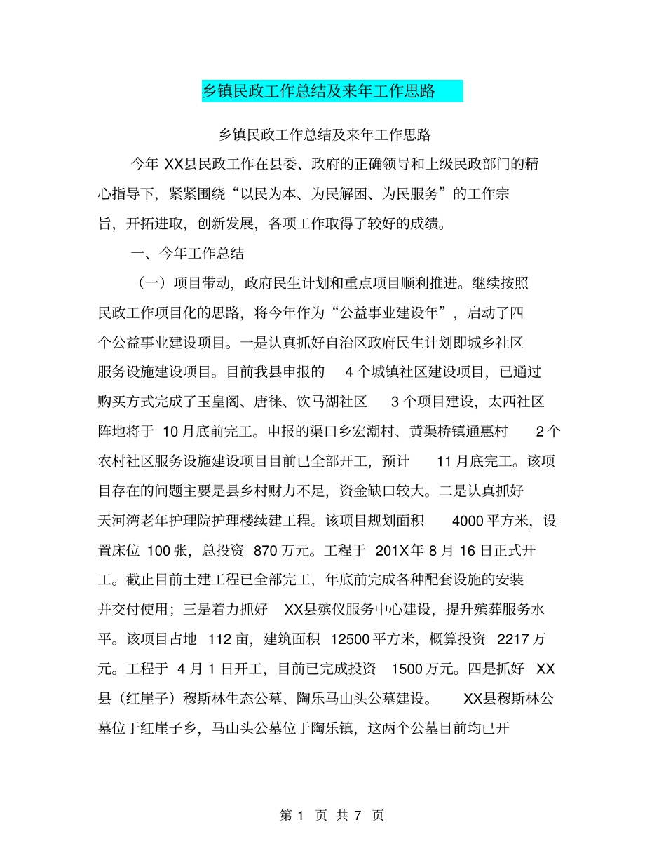 乡镇民政工作总结及来年工作思路【可编辑版】_第1页