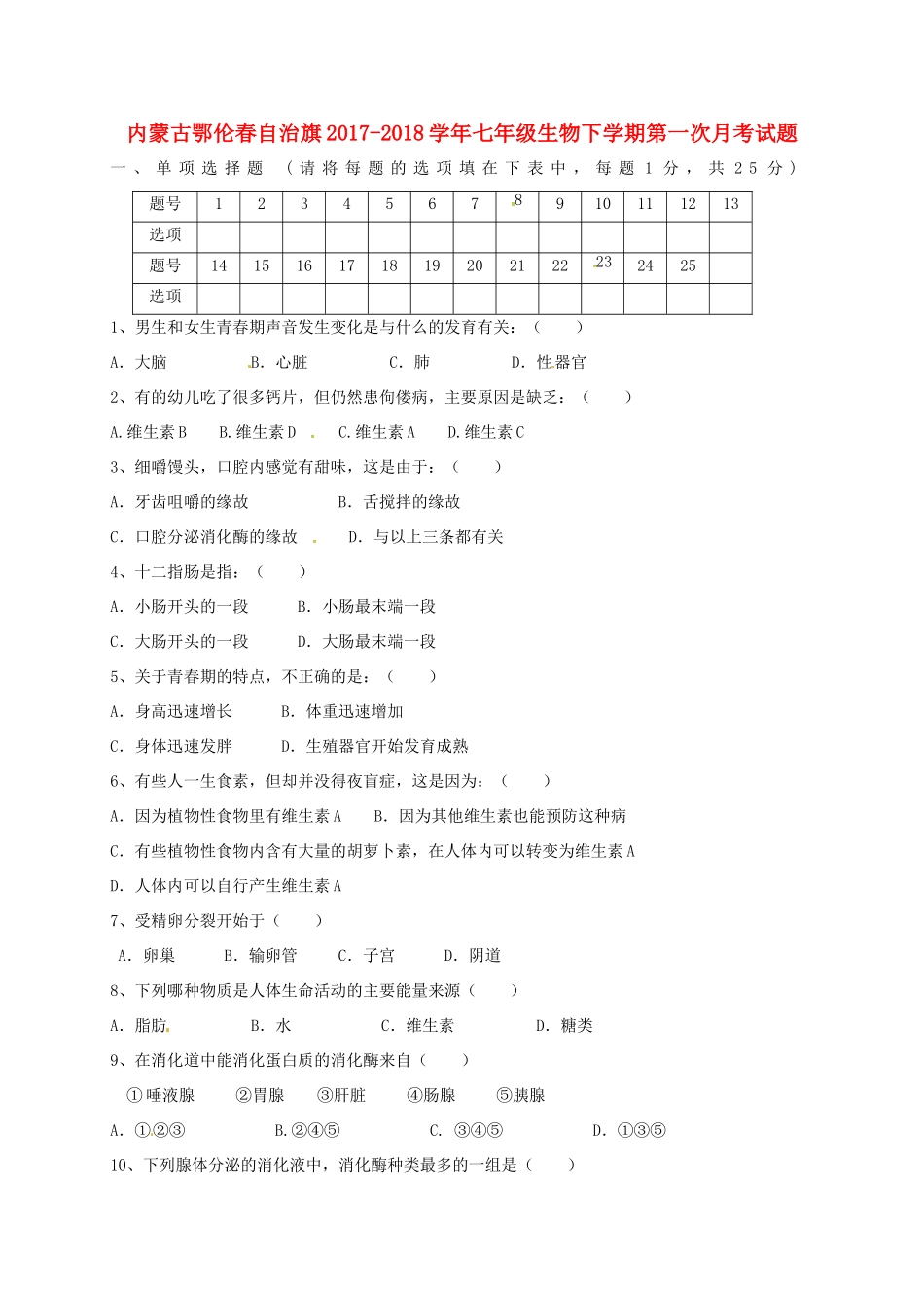 内蒙古鄂伦春自治旗七年级生物下学期第一次月考试题(无答案) 新人教版 试题_第1页