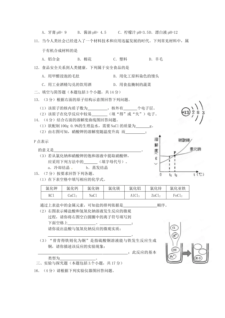九年级化学下学期第二次模拟考试试卷 新人教版试卷_第2页