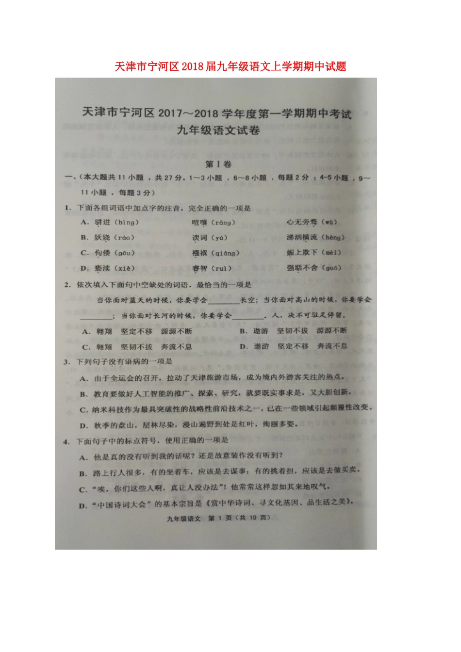 天津市宁河区届九年级语文上学期期中试卷 新人教版试卷_第1页