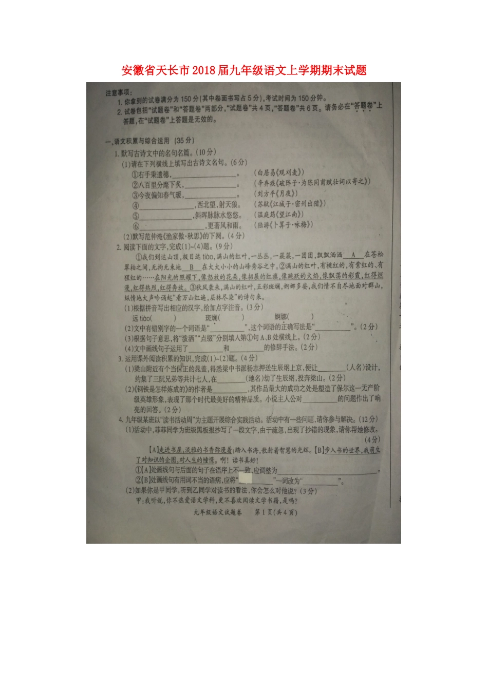 安徽省天长市九年级语文上学期期末试卷(扫描版，无答案) 新人教版试卷_第1页