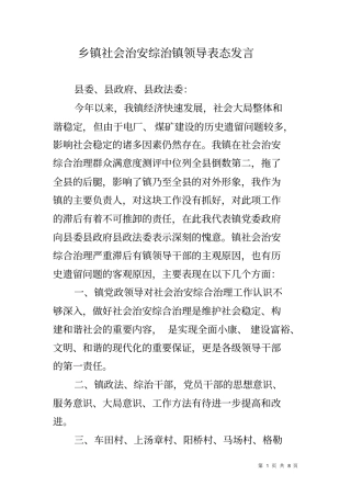 乡镇社会治安综治镇领导表态发言