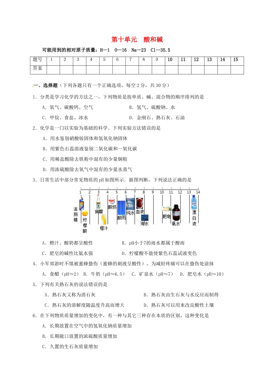 九年级化学下册 第十单元 酸和碱测试卷(新版)新人教版试卷_第1页