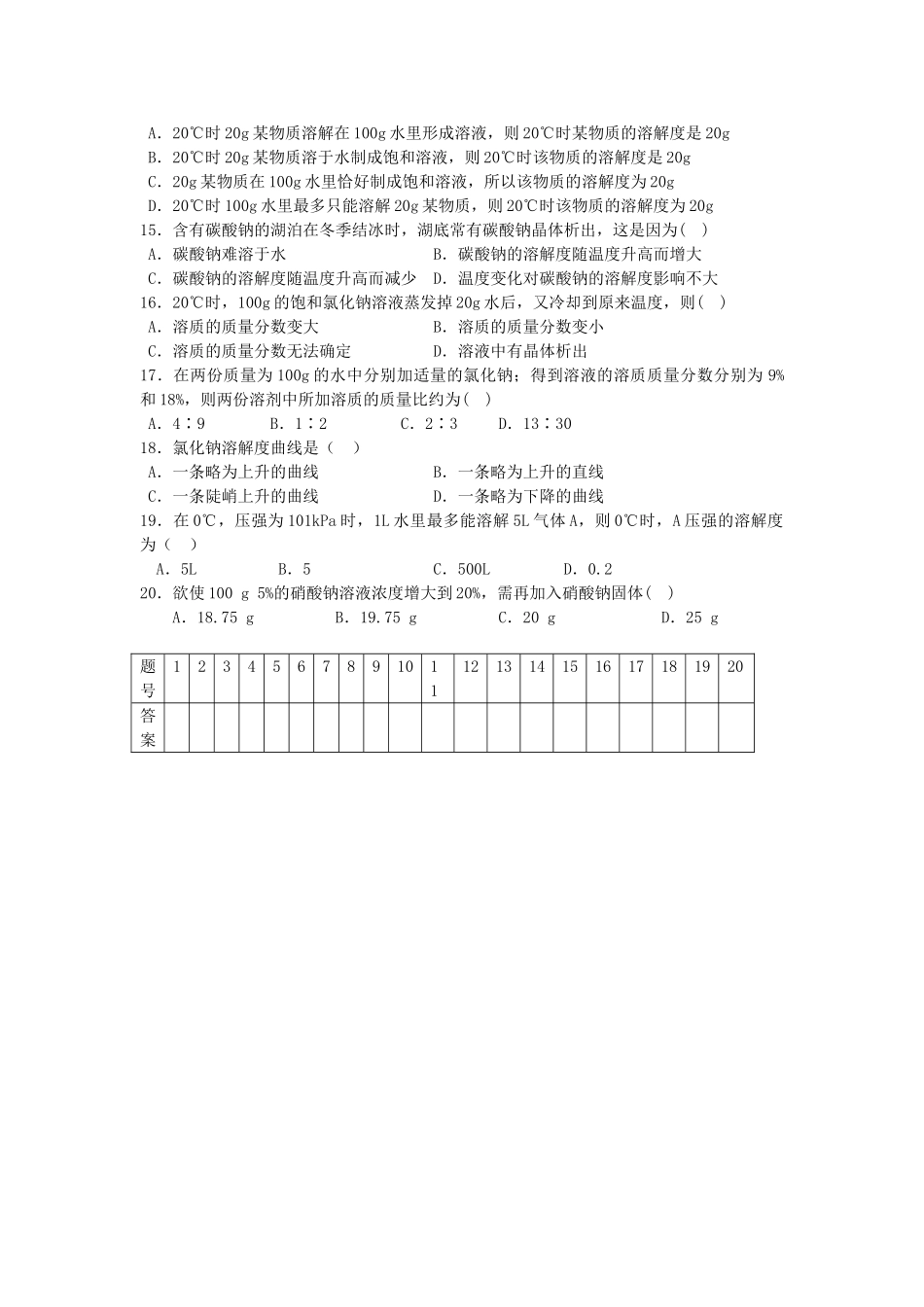 九年级化学下册 第九单元 溶液教情学情分析(新版)新人教版试卷_第2页