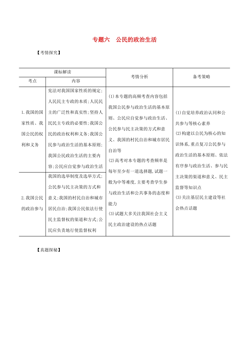 （江苏版）高考政治一轮复习 专题六 公民的政治生活精练（含解析）-江苏版高三全册政治试题_第1页