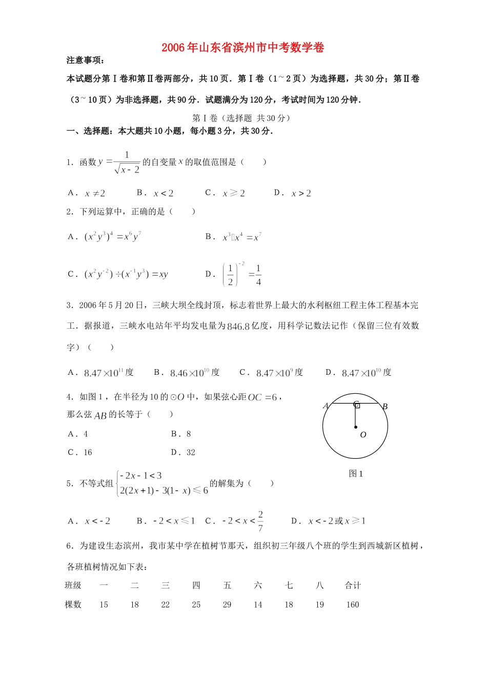 山东省滨州市中考数学卷 新课标 人教版试卷_第1页