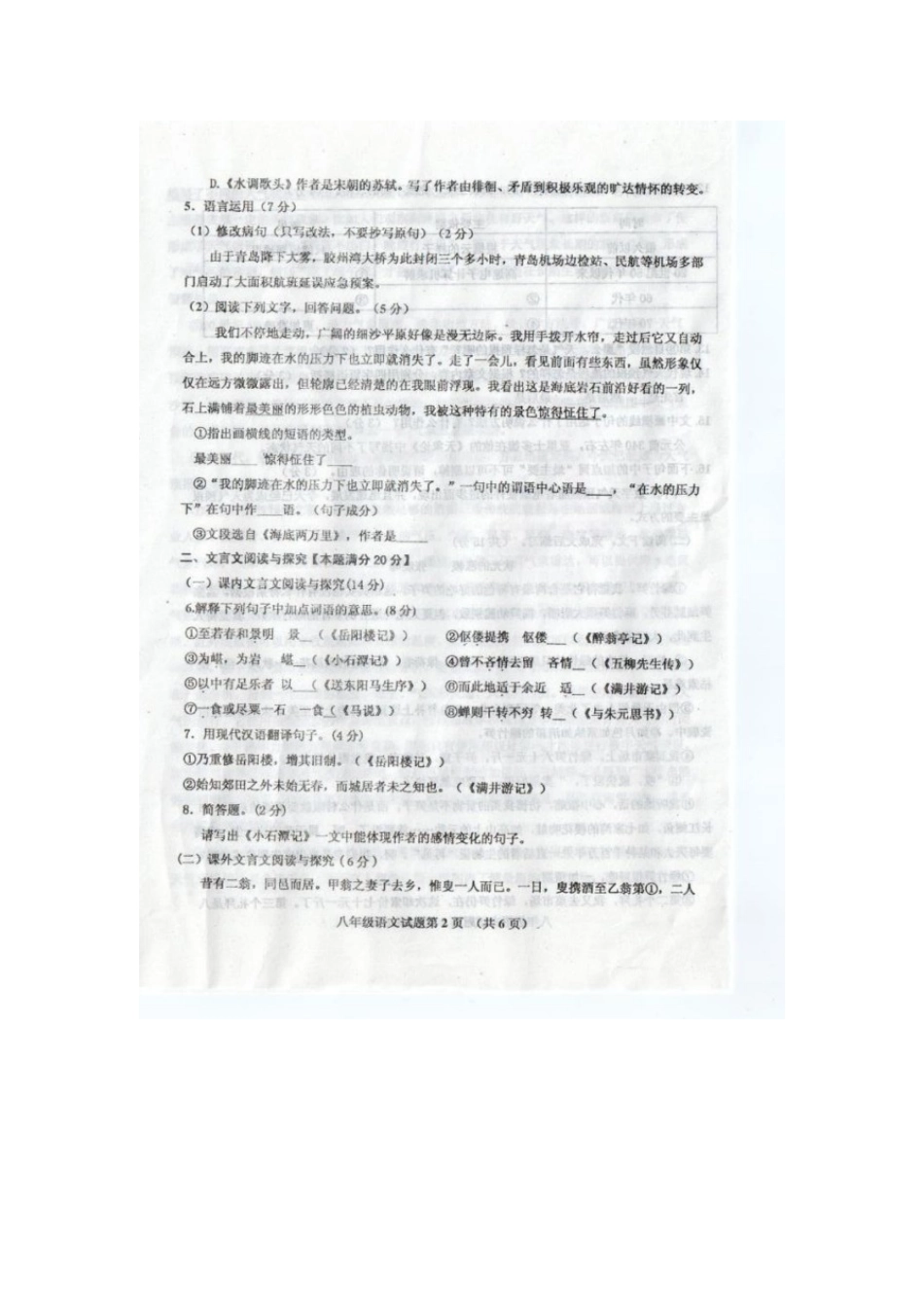 山东省胶州市 八年级语文下学期期末考试试卷(扫描版，无答案) 新人教版试卷_第2页