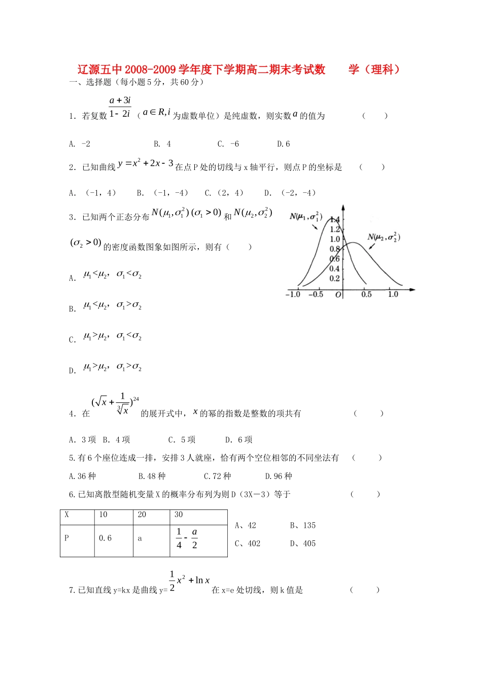 吉林省辽源五中08-09年高二数学下学期期末考试(理)缺答案试卷_第1页