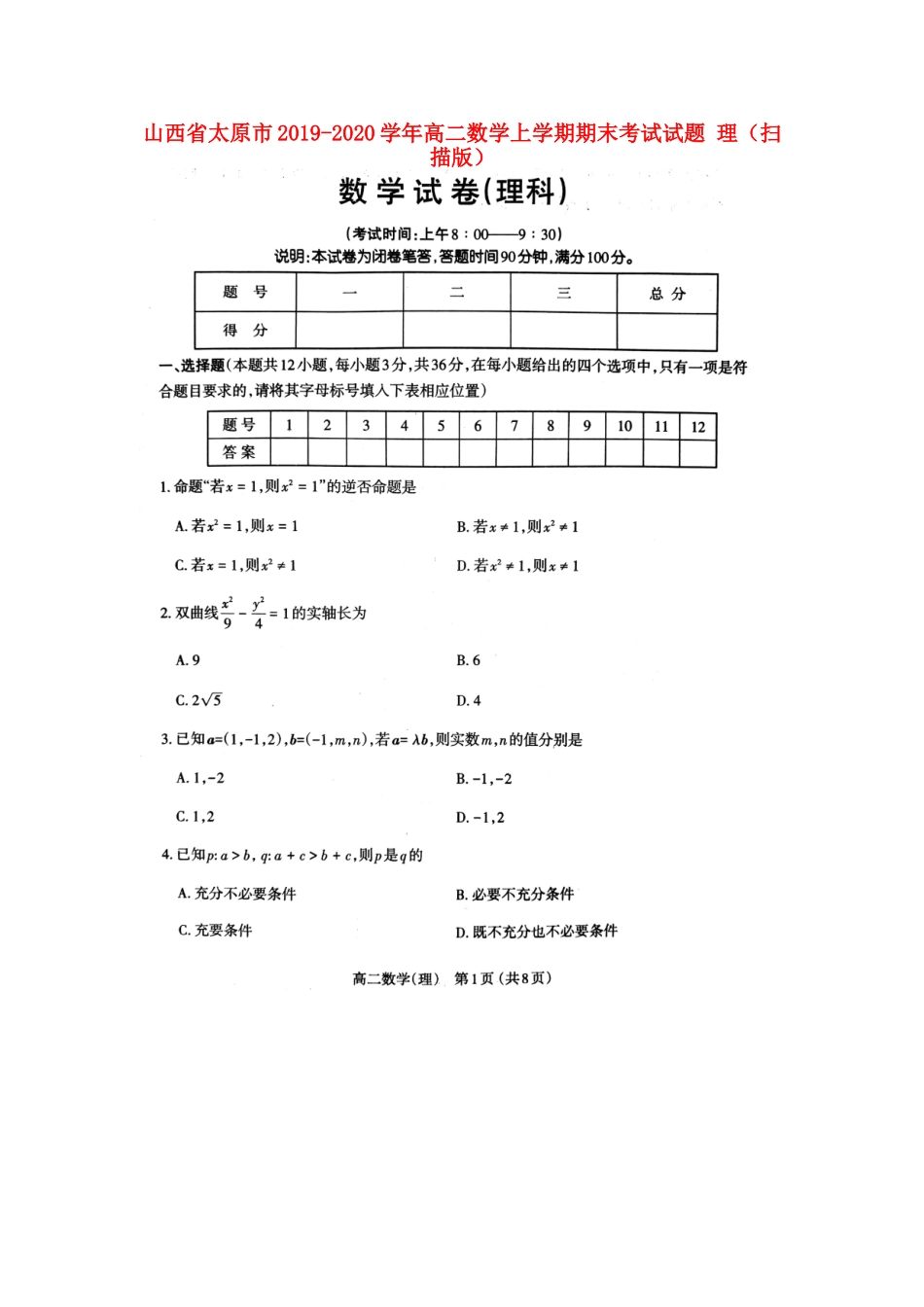山西省太原市 高二数学上学期期末考试试卷 理试卷_第1页