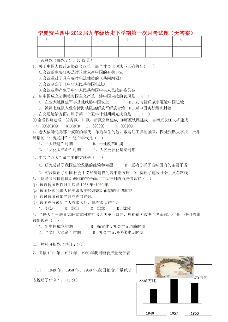 宁夏贺兰四中届九年级历史下学期第一次月考试卷_第1页