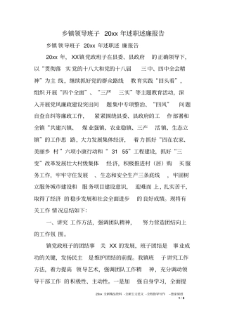 乡镇领导班子XX年述职述廉报告