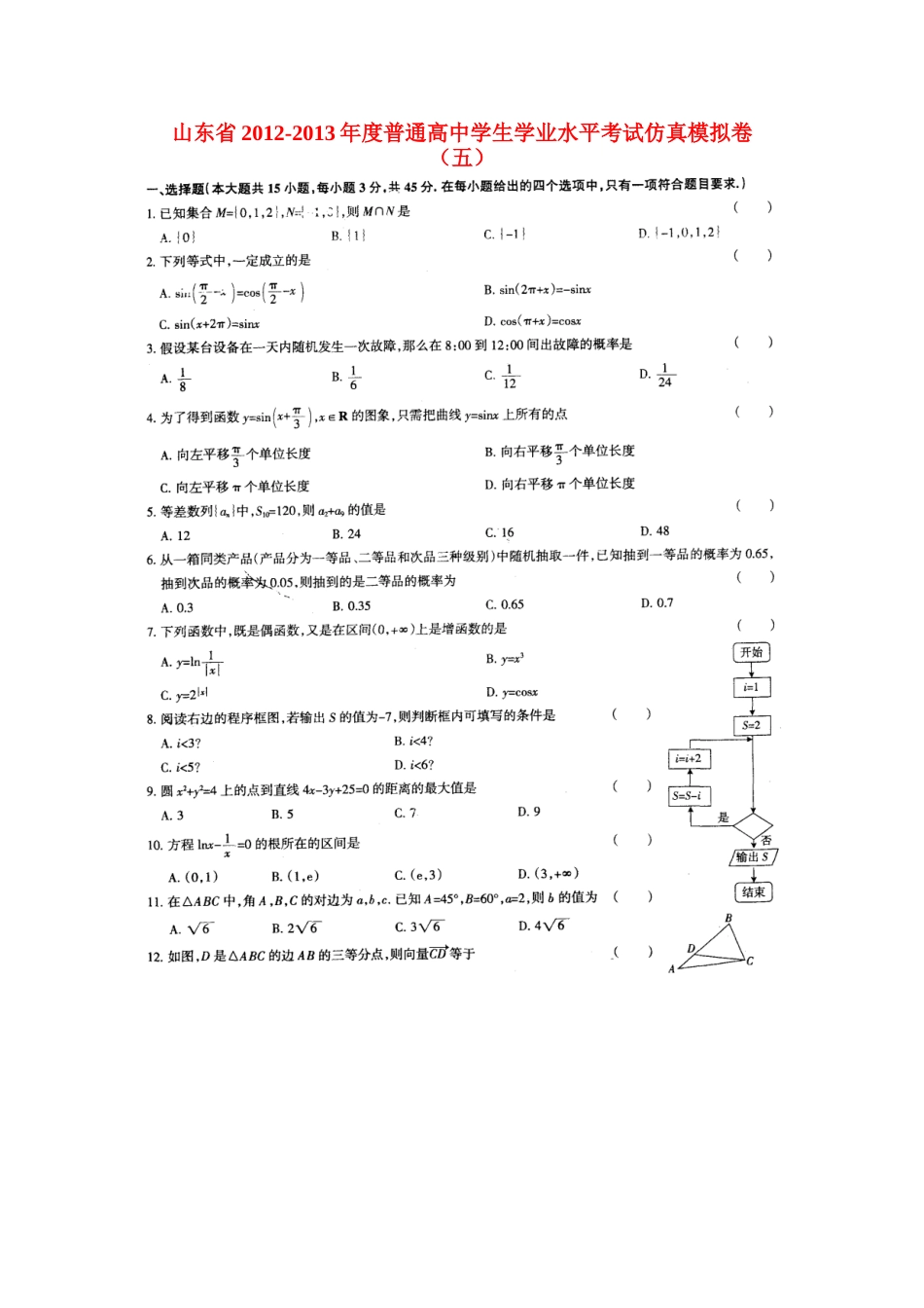 山东省高二数学学业水平考试模拟试卷五试卷_第1页