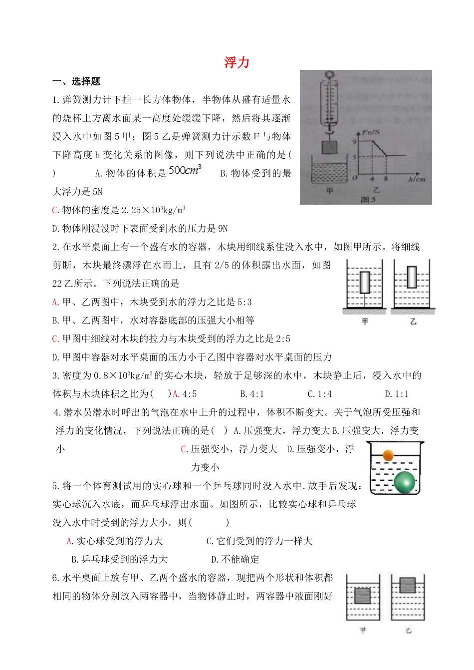 八年级物理下册 第八章 浮力综合检测题 鲁教版试卷_第1页