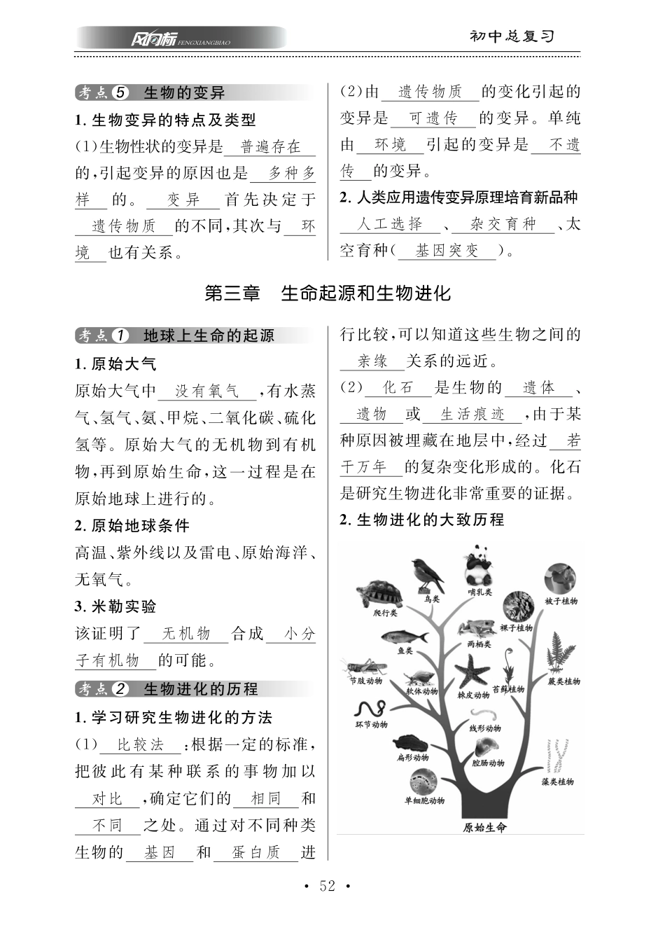 中考生物总复习 第八部分 生物的多样性 专题二十 生命的起源和生物的进化知识梳理(pdf)试卷_第1页