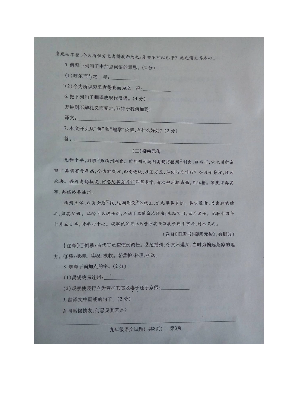 山东省聊城市莘县九年级语文上学期期末学业水平检测试卷新人教版试卷_第3页
