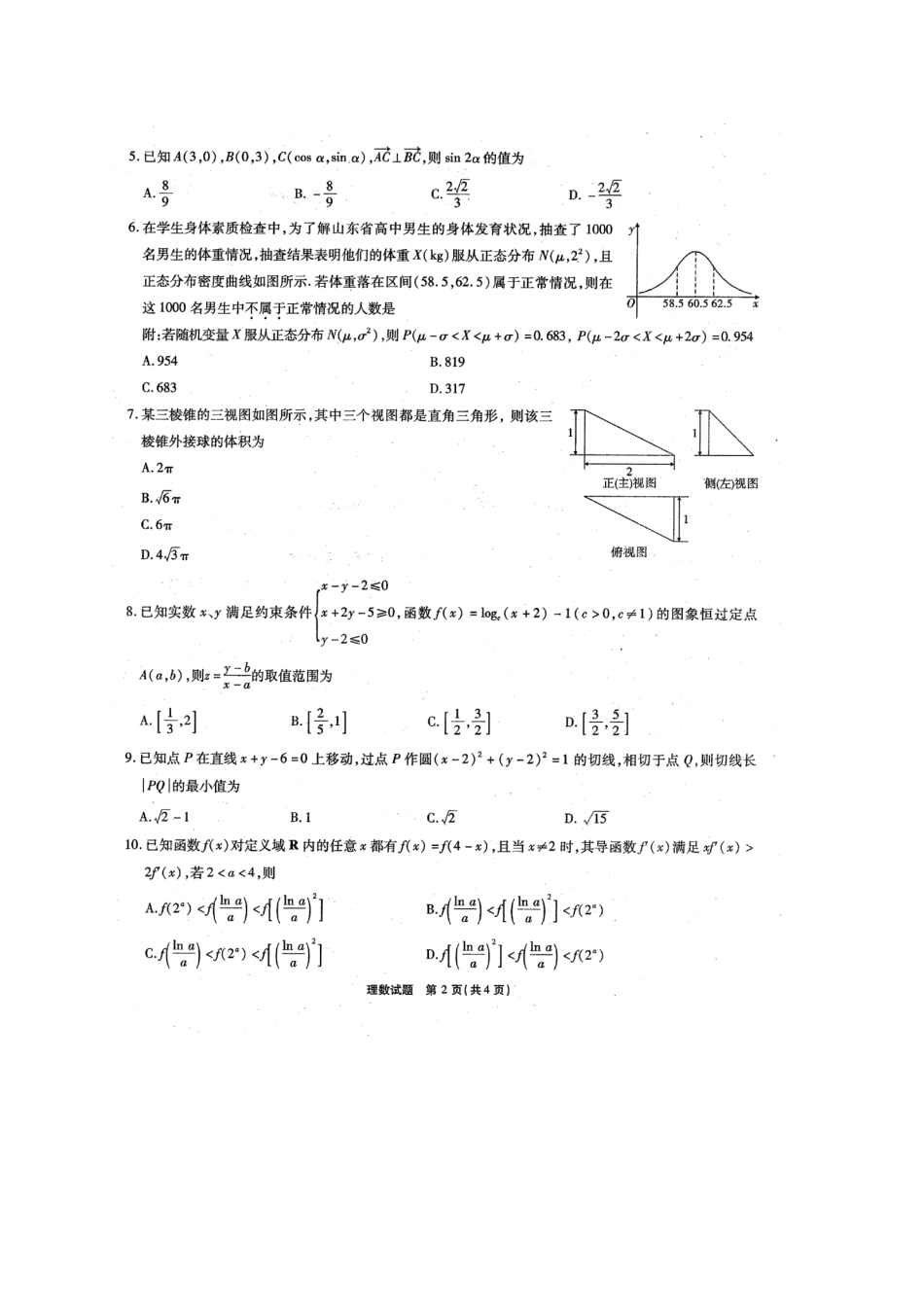 山东省高三数学2月调研试卷 理试卷_第2页