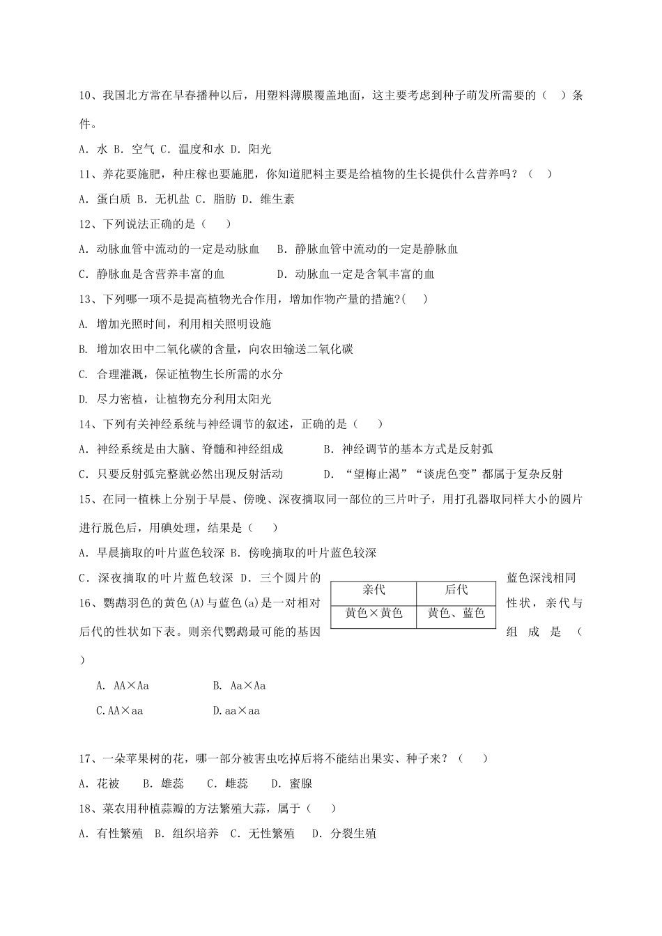 四川省泸州市 八年级生物下学期第二次月考试卷 新人教版试卷_第2页