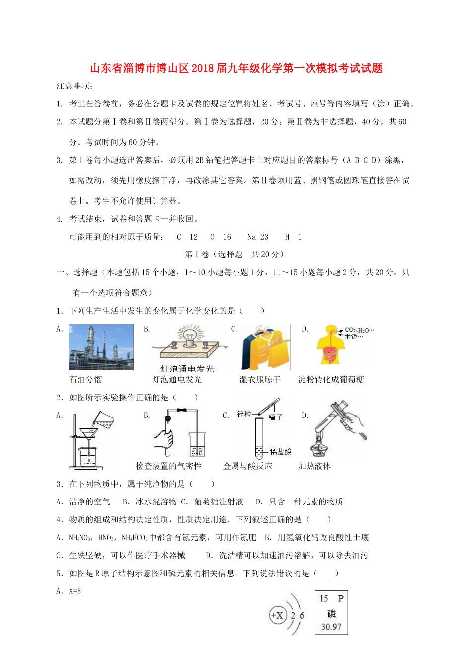 九年级化学第一次模拟考试试卷_第1页