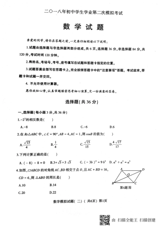 九年级数学第二次模拟考试试卷(pdf)试卷