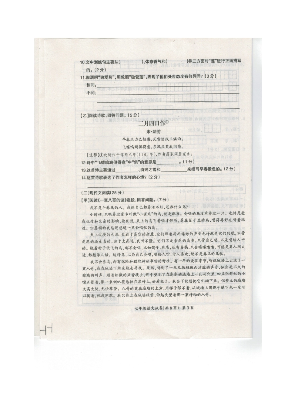 吉林省松原市宁江区七年级语文上学期期末考试试卷 新人教版试卷_第3页