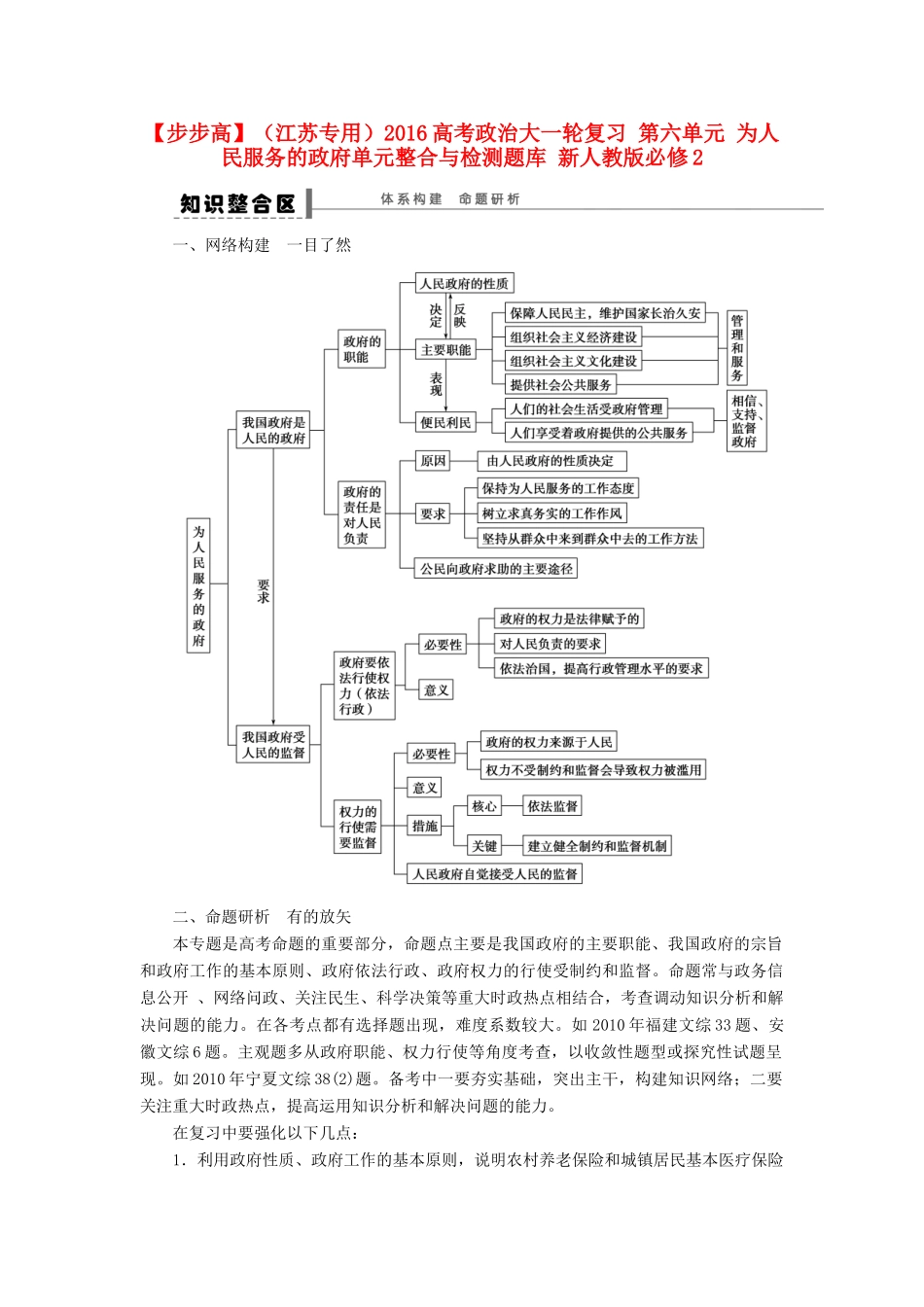 （江苏专用）高考政治大一轮复习 第六单元 为人民服务的政府单元整合与检测题库 新人教版必修2-新人教版高三必修2政治试题_第1页