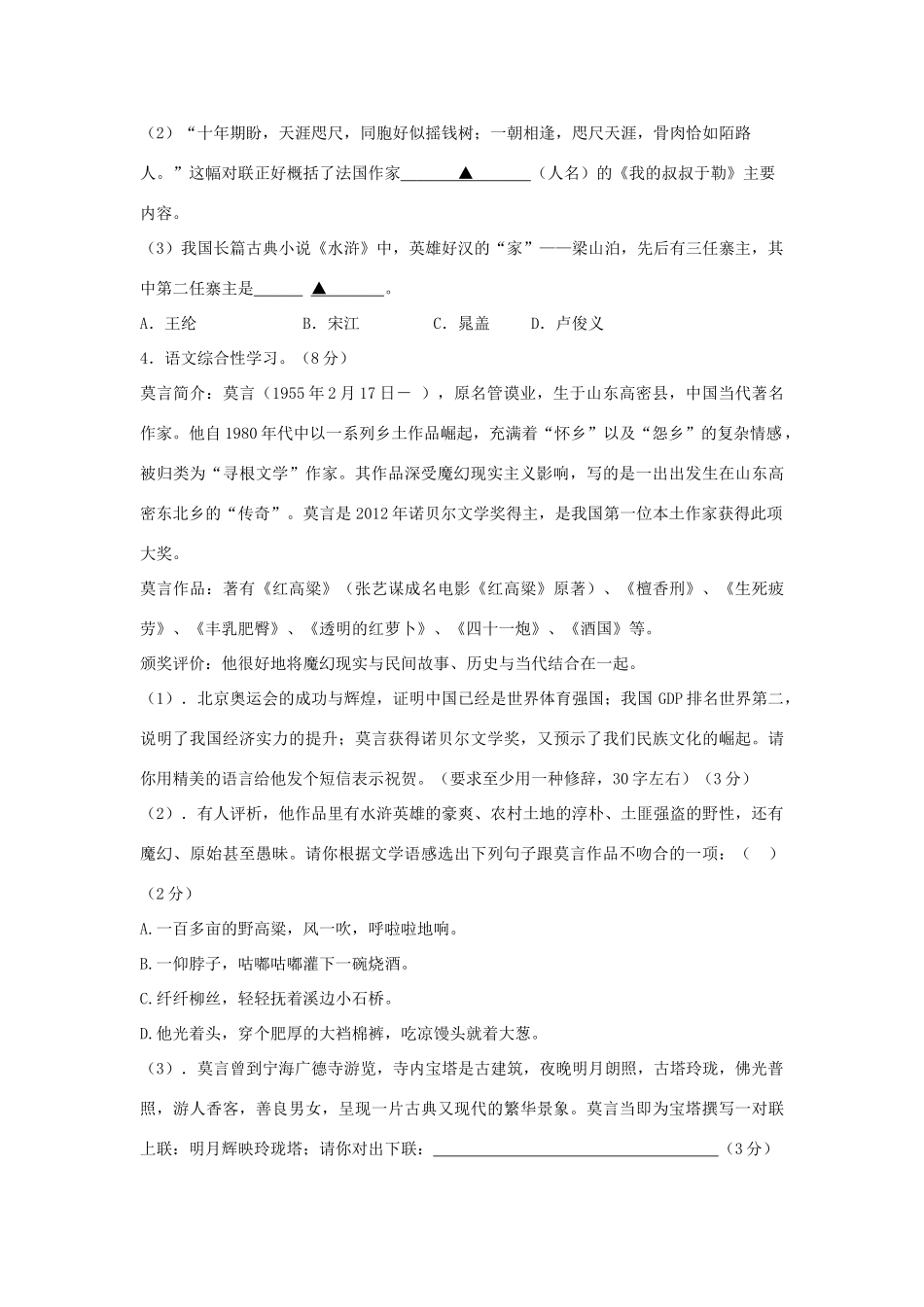 中考语文模拟试卷(4) 浙教版试卷_第2页