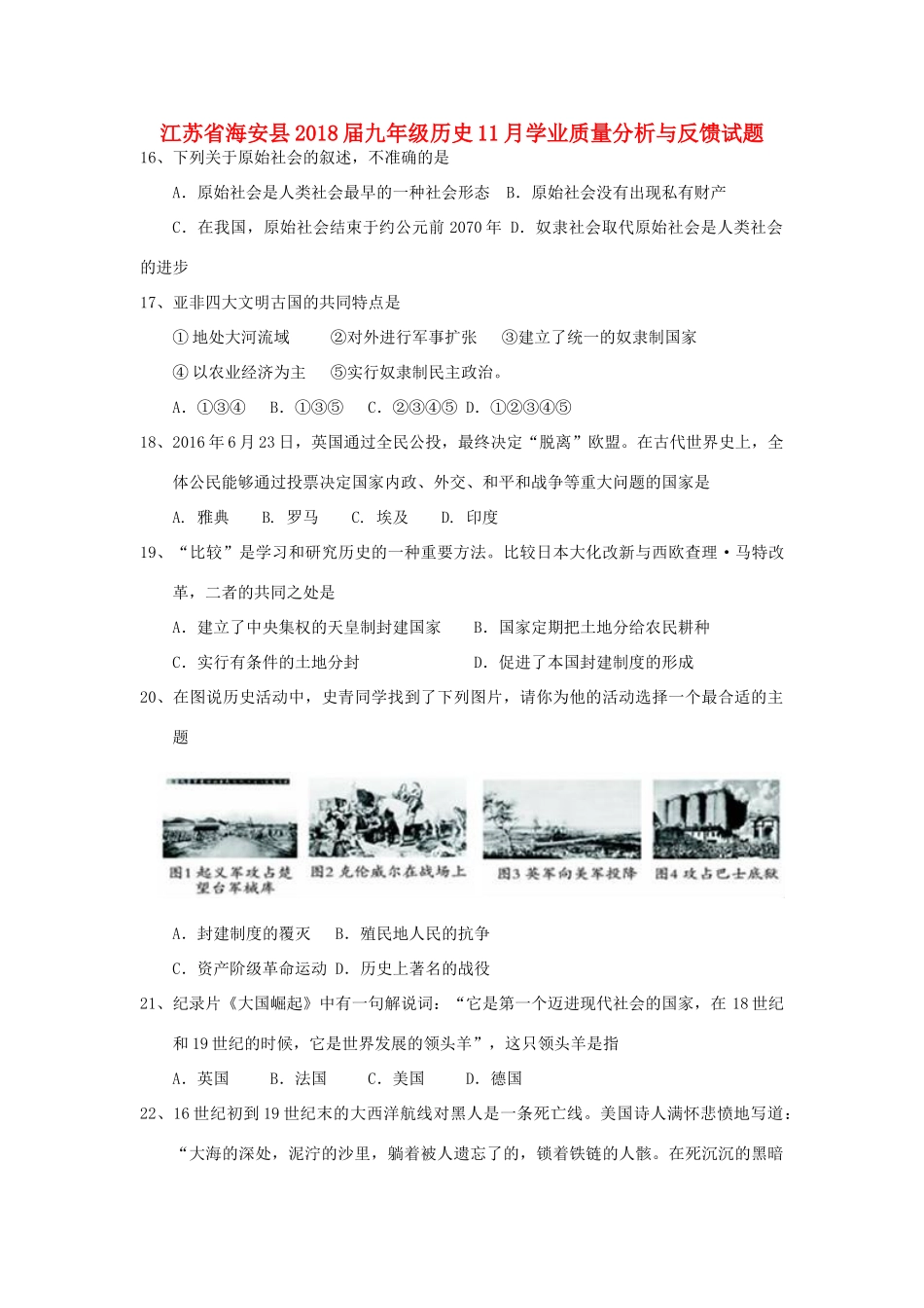 九年级历史11月学业质量分析与反馈试卷 新人教版试卷_第1页